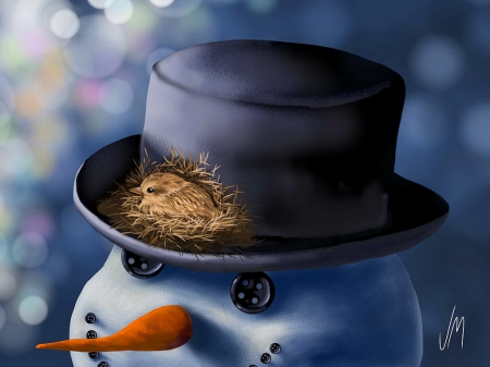 Christmas nest - snowman, adorable, winter, bird, christmas, painting, art, nest, snow, holiday, sweet, cute