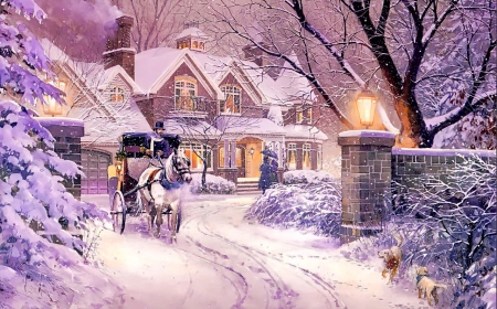 Soft winter glow - snowflakes, snow, light, path, countryside, holiday, mist, frost, art, house, winter, beautiful, village, christmas, glow, soft, painting, cold, ride, snowfall, peaceful