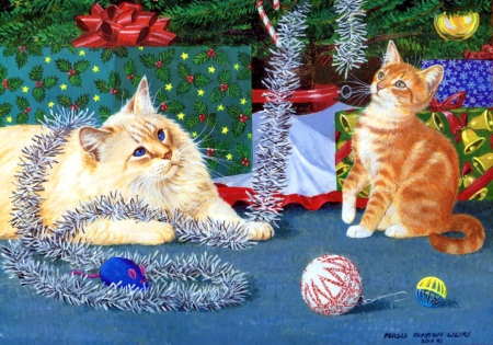 Kitten christmas - fun, play, gifts, mess, home, joy, holiday, kittens, cats, art, kitties, winter, decoration, balls, sweet, tree, christmas, colorful, new year, painting, cute, adorable