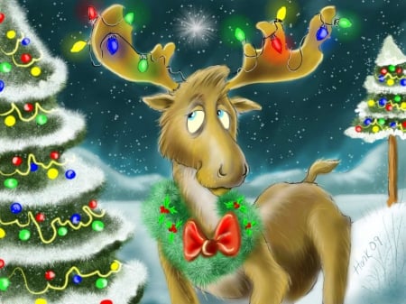 Christmas moose - snowflakes, snow, holiday, frost, art, sky, winter, moose, beautiful, sweet, tree, christmas, deer, lights, painting, cute, snowfall