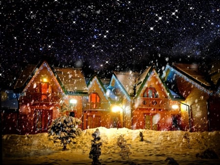 Snowy night - winter, snowflakes, beautiful, evening, snow, night, village, lights, snowfall, houses, sky