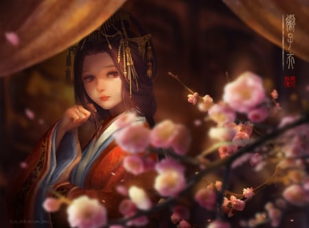 Japanese - pretty, female, blossom, borwn hair, maiden, long hair, curtain, japan, oriental, nice, realistic, cherry blossom, beautiful, girl, beauty, lovely, sakura blossom, sweet, flower, petals, fantasy, black hair, floral, japanese