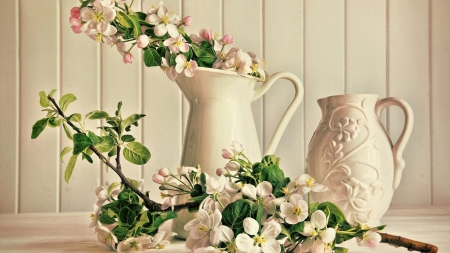 Still Life - flowers, white, jar, still life