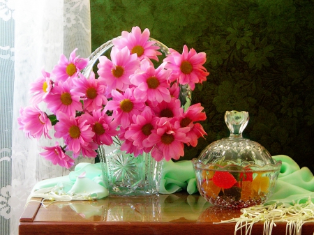 Flowers and candies - flowers, candies, pink, vase