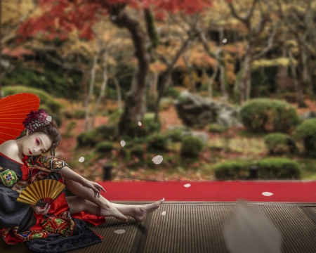 Geisha - red, geisha, kimono, girl, umbrella, asian, woman, green