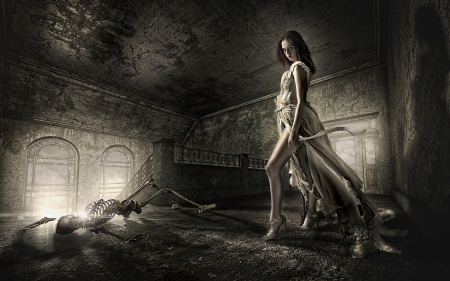 Lost soul - woman, girl, dark, situation, creative, fantasy, skeleton