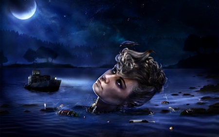 Shipwreck - woman, moon, girl, water, night, fantasy, creative, situation, blue, shipwreck, sea, head