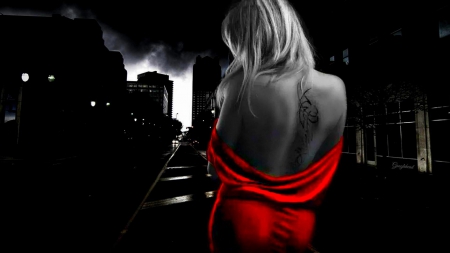 Sensual in Red - tattoo, beautiful, photography, photoshop, girl, googlehead art, googlehead, fantasy, color splash, red, digital, woman, black and white, art