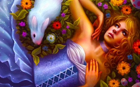 Beautiful Fantasy - woman, art, rabbit, girl, beautiful, colorful, digital, fantasy