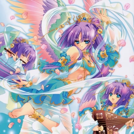 Angel - gown, flower, beautiful, blossom, hot, anime girl, girl, wings, gorgeous, floral, feather, pretty, wing, beauty, sweet, anime, hd, dress, purple hair, cg, long hair, petals, nice, lovely, sexy, female, angel