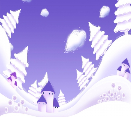 Christmas in Purple - white, purple, winter, houses, clouds, abstract, snow