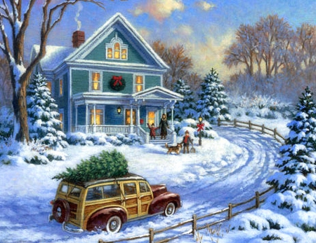 ★Christmas Family★ - creative pre-made, snow, holidays, family, gazebo, Christmas, houses, winter holidays, winter, beautiful, paintings, lovely, xmas and new year, architecture, christmas tree, white trees, love four seasons