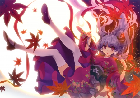 Fall - moon, autumn, girl, fall, pretty, full moon, anime, kimono, cute