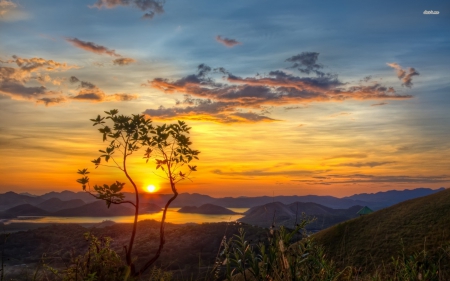 peaks rising to the sunset - hills, mountain, water, tree, sunset