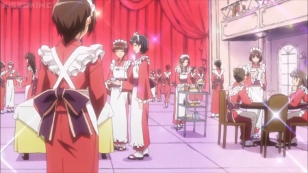 Maid Harem - pretty, anime, female, cafe, scene, dress, group, red, ribbon, nice, apron, anime girl, kaichou wa maid sama, beautiful, girl, table, beauty, lovely, sweet, white, maid sama