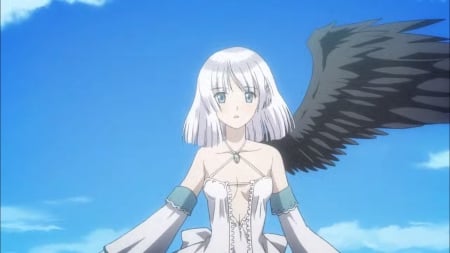 Panis Angelicus - pretty, anime, female, wing, blue, dress, angel, gloomy, long hair, gloom, nice, sky, rpg, video game, silver hair, anime girl, game, beautiful, hot, girl, feather, beauty, lovely, sweet, wings, sexy, shining ark