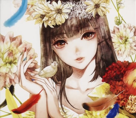 Lil' Brown Bird - flower, maiden, blossom, anime girl, girl, elegant, lady, gorgeous, floral, pretty, bird, sweet, brown hair, anime, hd, cg, long hair, petals, nice, lovely, female