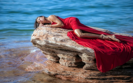 Dreamy - red, girl, pretty, sea