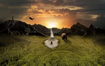 The Valley Wide - harmony, Water, sunset, Nature, mountains, animals, Earth