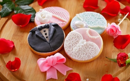 Cookies - wedding, cookie, black, white, bow, petals, pink, red, sweet, dessert, food