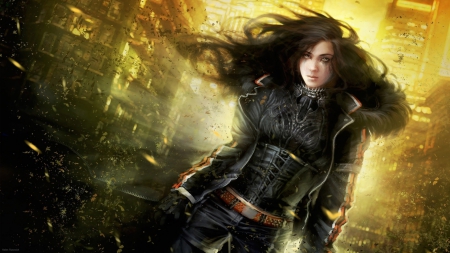 Fantasy girl - fire, fantasy, wind, black, game, yellow, girl, art