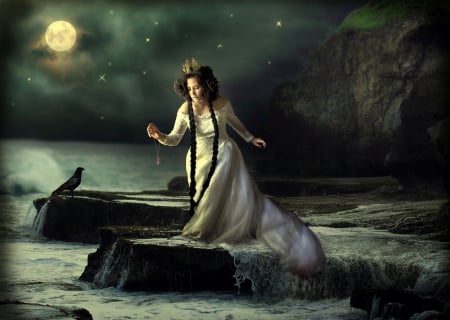 Good bye, my Love! - magical, bird, water, raven, fantasu, girl, night, moon, pendant, sea, stone, woman