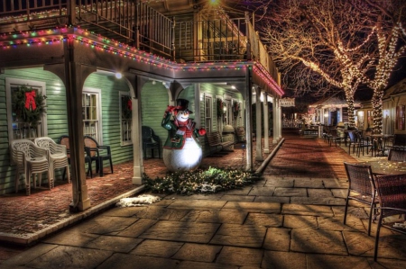 Holidays is COMING - snowman, season, holidays, town, decoration, lights