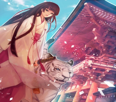 Japanese Girl - maiden, orginal, hapan, long hair, tiger, shrine, oriental, katana, temple, miko, japanese