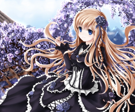 Purple Rose - gown, flower, black, rose, cute, blond hair, beautiful, blossom, blonde, anime girl, adorable, girl, blond, blonde hair, floral, lolita, purple, pretty, kawaii, beauty, sweet, anime, dress, long hair, petals, loli, nice, lovely, female