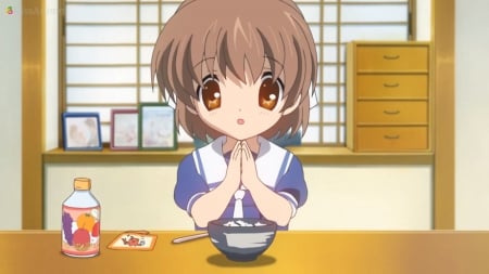 Thanks 4 the Food - cute, anime girl, adorable, girl, food, kitchen, pretty, kawaii, short hair, ushio okazaki, sweet, brown hair, anime, okazaki, bowl, clannad, home, nice, ushio, lovely, female