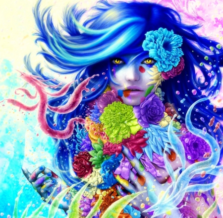 Fantasia - flowers, colorful, dragons, woman, magical