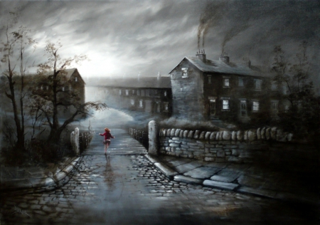 Skipping Home - painting, home, kid, art