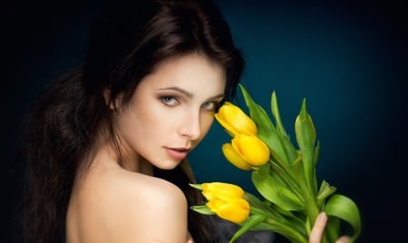 â™¥ - lady, tulips, beauty, model, yellow