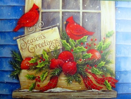 Christmas greetings - season, greetings, winter, snowflakes, christmas, painting, art, window, cardinal, snow, holiday, decoration, birds