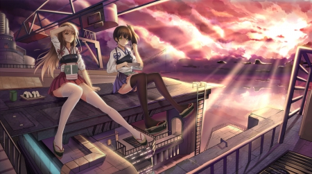 Break Time - pretty, horizon, anime, female, scenery, evening, scene, kantai collection, light, eat, kantai, hd, nice, sky, anime girl, beautiful, girl, beauty, lovely, sweet, cg, eating