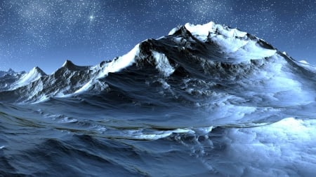 Starry Mountains - stars, landscape, blue, snow, mountains