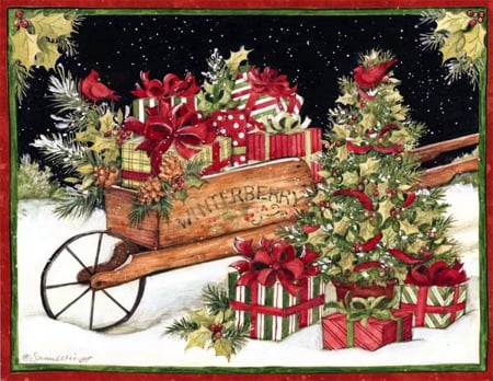 It's Christmas Time - xmas, cart, artwork, tree, decoration