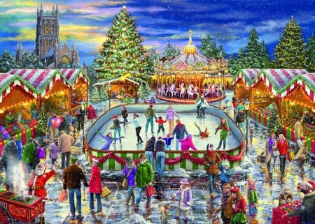 Christmas Market - xmas, people, nativity, santa, painting, stalls, artwork, tree, ice, skating, winter, christmas market, christmas, carousel, christmas tree, shops, church, snow, market, decoration, s market