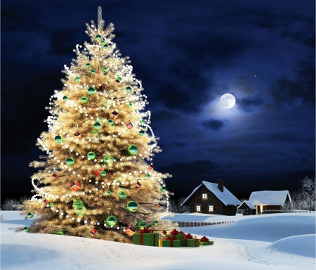 Christmas - houses, Christmas, full moon, tree, moonlight