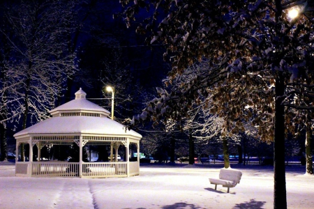 Winter Gazebo - trees, evening, snow, light, bench