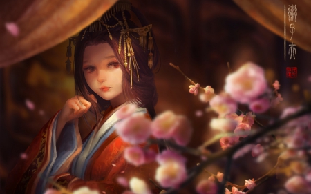 Princess - red, flower, pink, spring, sakura, girl, fantasy, orange, princess, asian