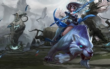 Mirana - animal, game, mirana, girl, dota, blue, creature, wolf, fantasy