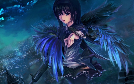 Madoka magica - ushas, girl, wings, madoka magica, blue, mahou shoujo, anime, feather, manga