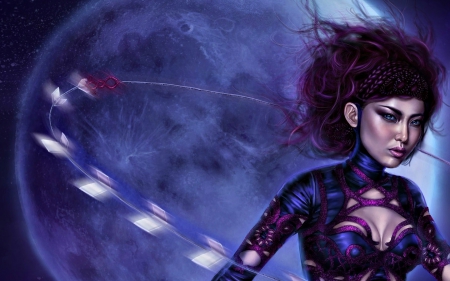 Assassin - woman, moon, fashion assassin, girl, fantasy, purple, pink, blue, lisa jenkins