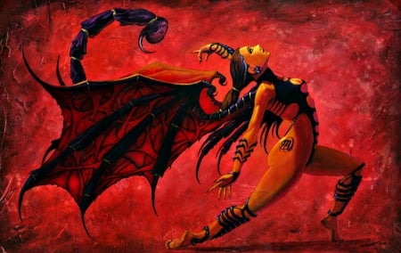 Zodiac ~ Scorpio - bat, Stanley Morrison, girl, tail, black, fantasy, red, wings, zodiac, art