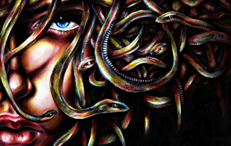 Medusa - woman, eye, medusa, fantasy, art, snake, hiroko sakai, red, blue, green