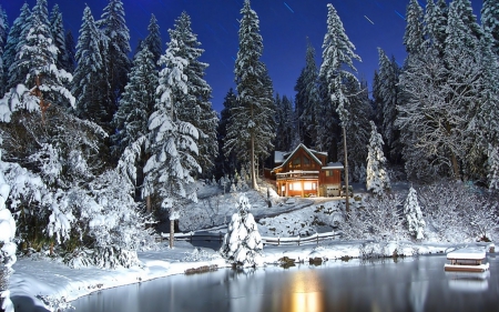 Beautiful cottage at night - ice, cottage, lake, stars, trees, snow, night