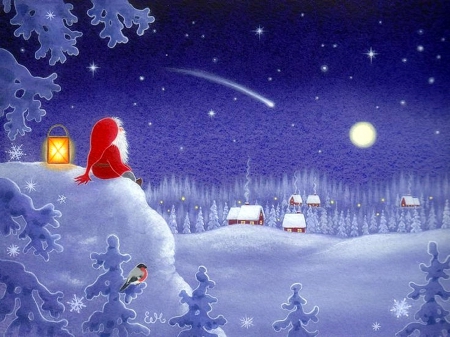 Santa Waiting - pretty, winter, meteor, creative pre-made, snow, holidays, lovely, xmas and new year, stars, lantern, santa claus, white trees, villages, Christmas, love four seasons, draw and paint