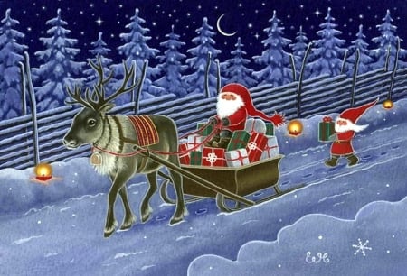 Santa Claus Coming - xmas and new year, santa claus, draw and paint, winter, lovely, creative pre-made, christmas, reindeer, love four seasons, holidays, white trees, pretty, lanterns, sleigh, snow, gifts