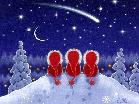 Trio Santas - sky, meteor, creative pre-made, trio santas, white trees, pretty, santa clauses, xmas and new year, stars, draw and paint, winter, lovely, christmas, love four seasons, holidays, snow, colors